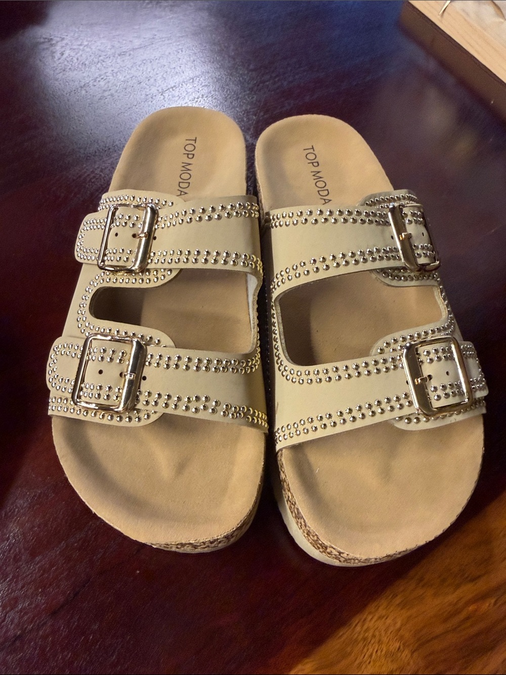 TOP Moda Beige Dual-Buckle Studded Slide Sandals